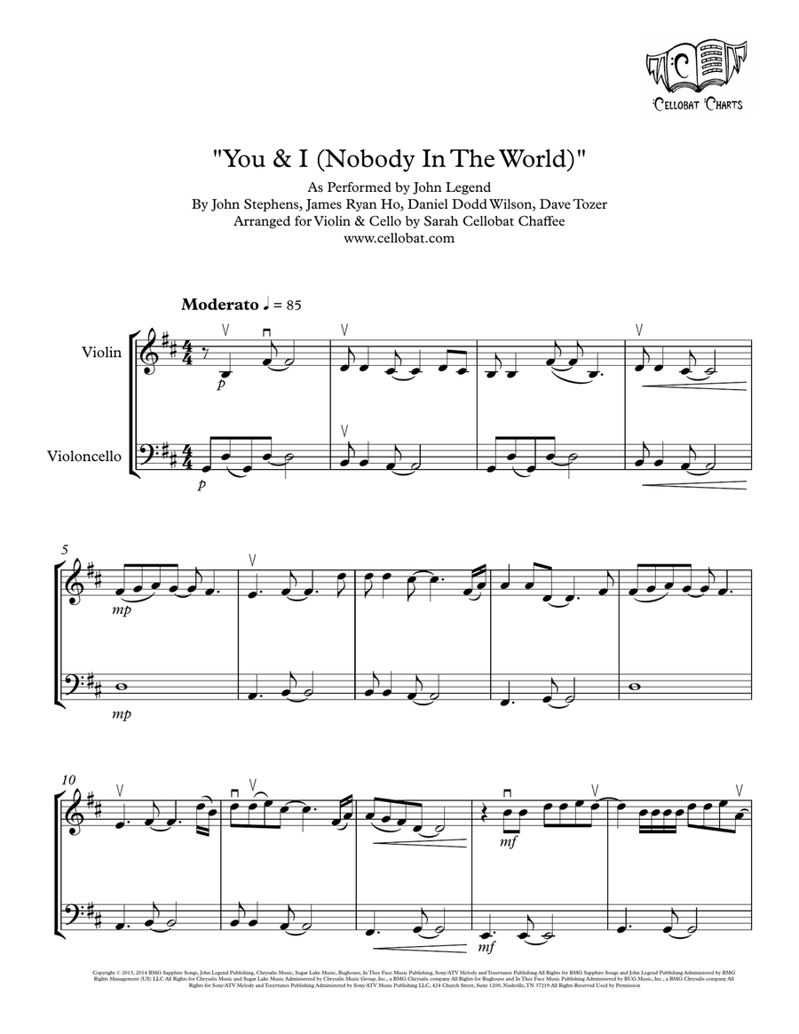 You And I (nobody In The World) by John Legend String Duet - Digital Sheet Music