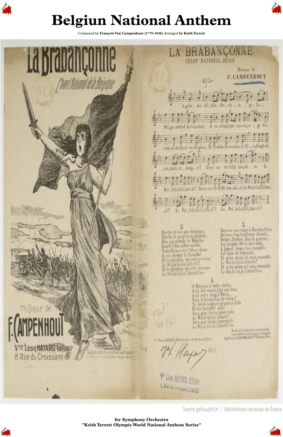 Belgiun National Anthem (La Brabançonne) for Symphony Orchestra (Olympic National Anthem Series) Full Orchestra scores gallery preview page 1