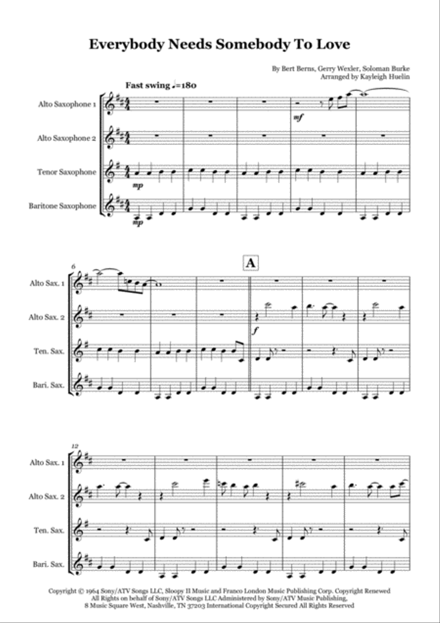 Everybody Needs Somebody To Love Saxophone Quartet scores gallery preview page 1