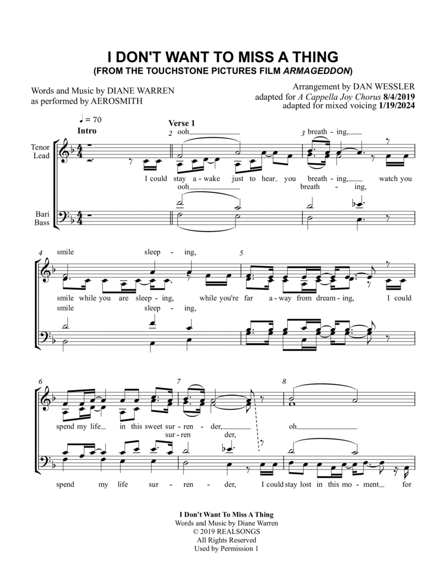 I Don't Want To Miss A Thing 4-Part scores gallery preview page 1