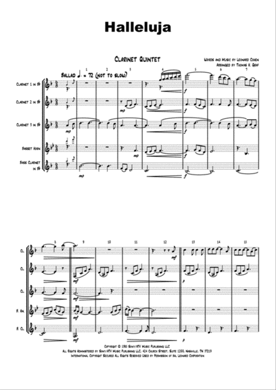 Hallelujah Woodwind Ensemble scores gallery preview page 1