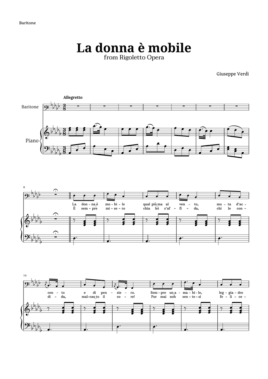 La donna è mobile in D-flat major for Baritone and Piano Piano, Vocal scores gallery preview page 1