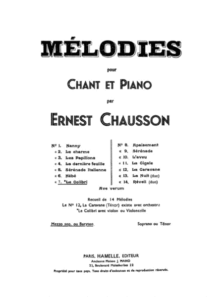 Chausson 14 Melodies No 7 Le Colibri Mezzo Soprano & Piano Book