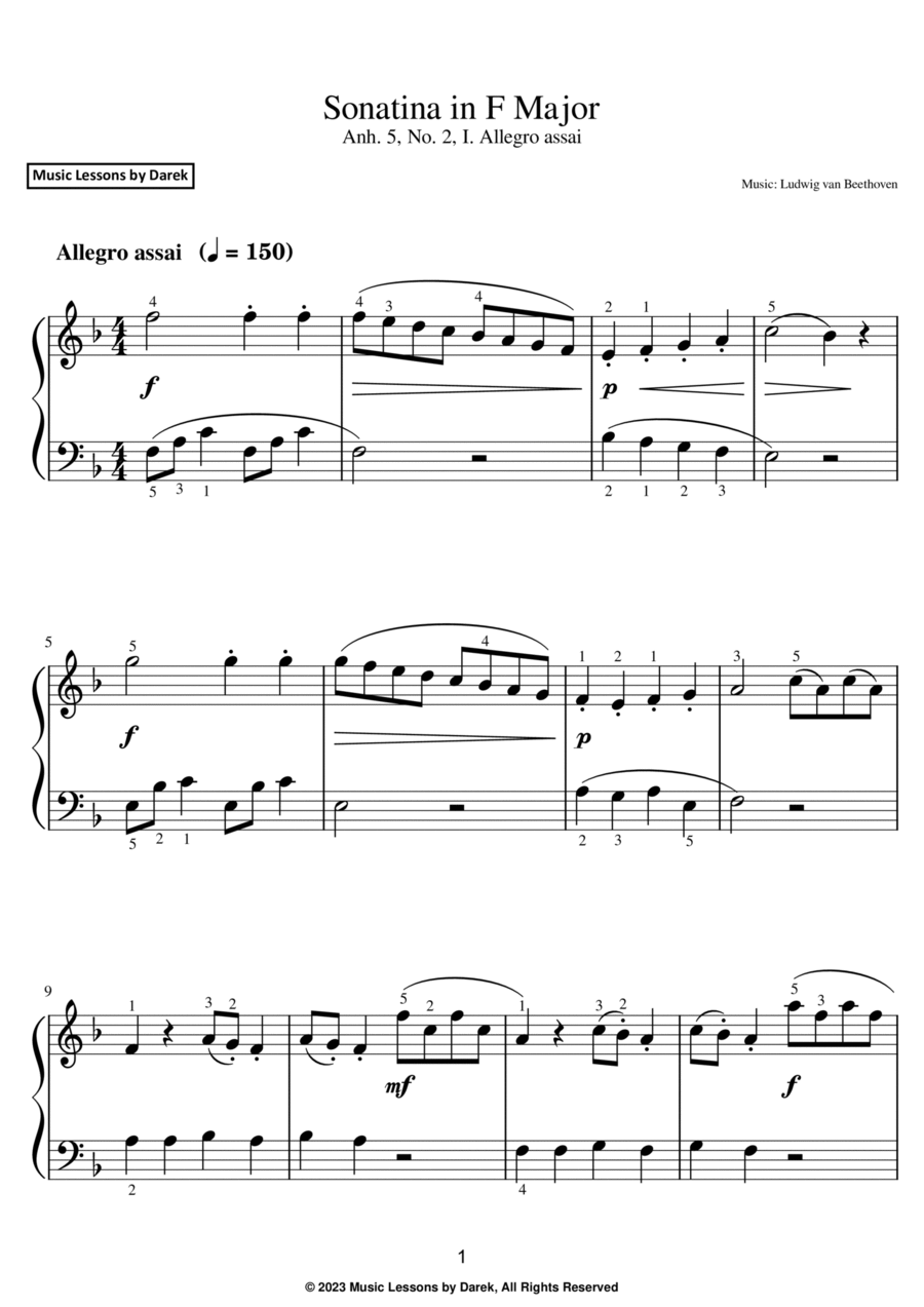 Sonatina in F Major (EASY PIANO) Anh. 5, No. 2, I. Allegro assai [Ludwig van Beethoven] Easy Piano scores gallery preview page 1