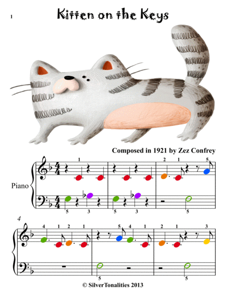 Kitten on the Keys Beginner Piano Sheet Music with Colored Notation