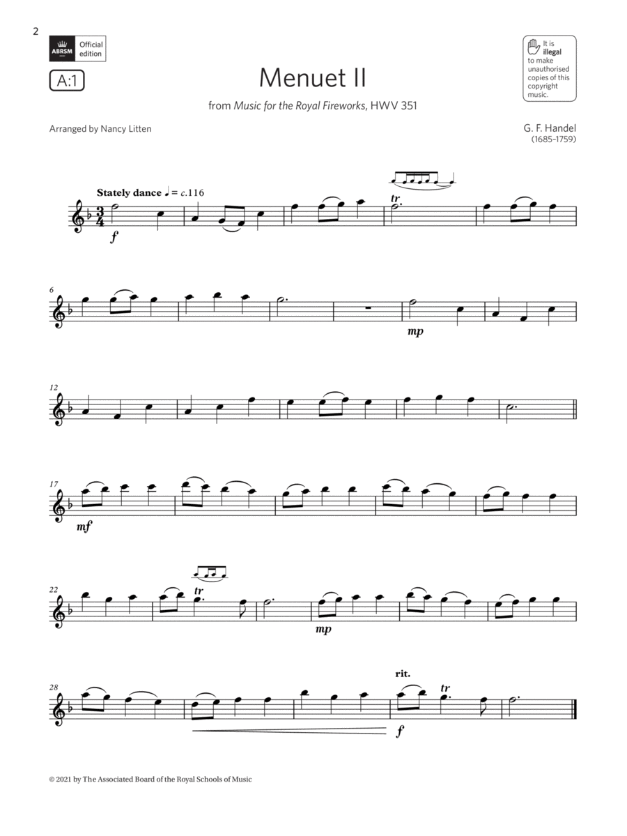 Menuet II (Music for the Royal Fireworks) (Grade 2 List A1 from the ABRSM Flute syllabus from 2022) Flute Solo scores gallery preview page 1