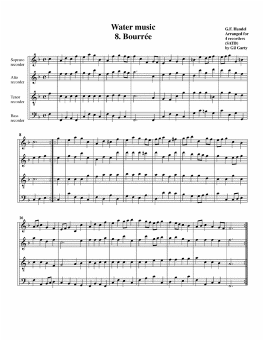 Bourree from Water music (arrangement for 3 recorders) Recorder scores gallery preview page 1