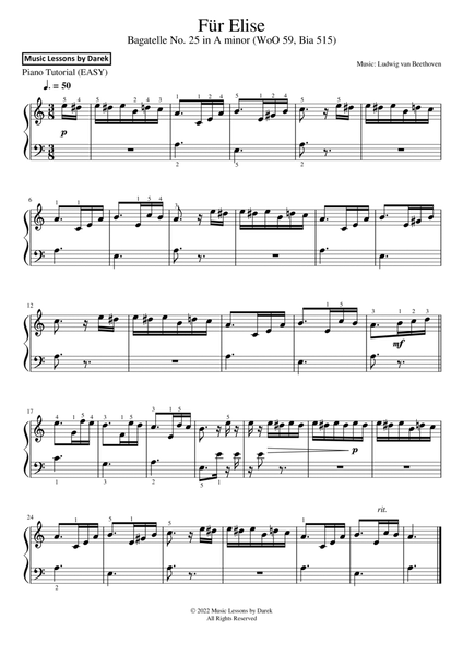 Für Elise (EASY PIANO) Bagatelle No. 25 in A minor (WoO 59, Bia 515) [Ludwig van Beethoven] image number null