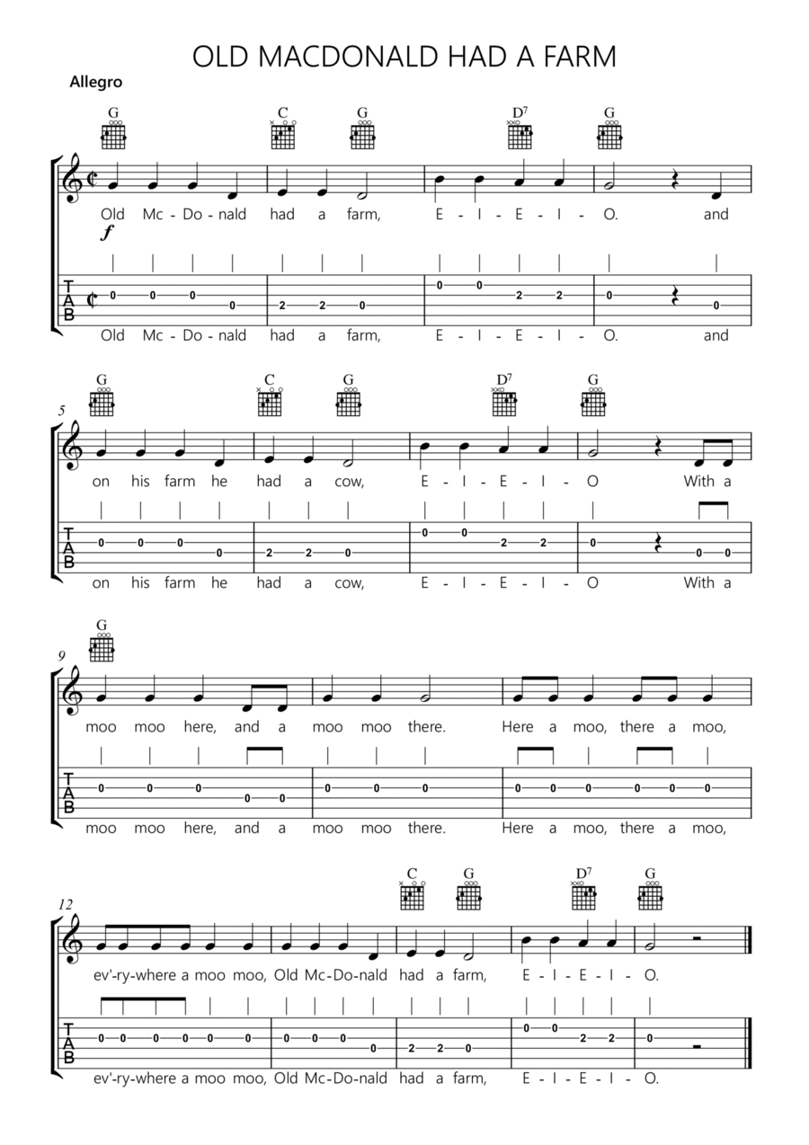 Old MacDonald had a farm Guitar Tablature scores gallery preview page 1