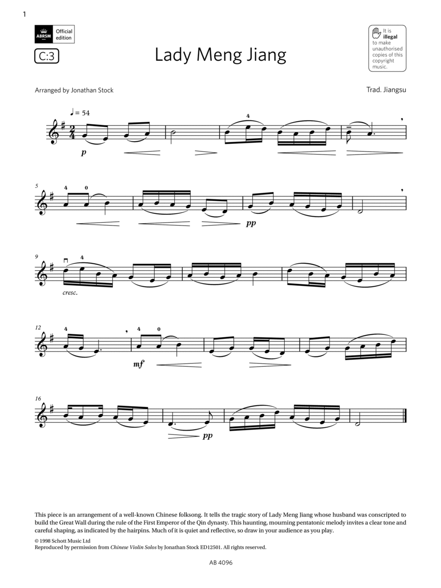 Lady Meng Jiang (Grade 2, C3, from the ABRSM Violin Syllabus from 2024) Violin Solo scores gallery preview page 1