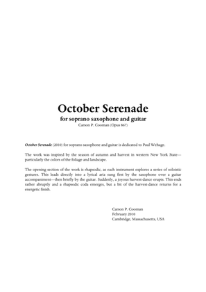 Carson Cooman : October Serenade (2010) for soprano saxophone and guitar
