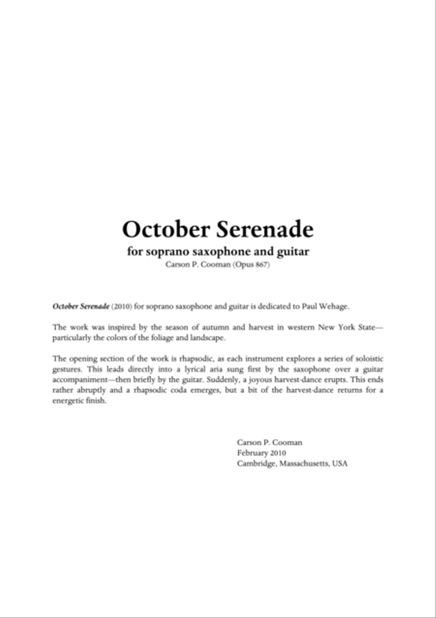 Carson Cooman : October Serenade (2010) for soprano saxophone and guitar