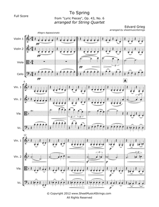 Book cover for Grieg, E. - "To Spring" for String Quartet