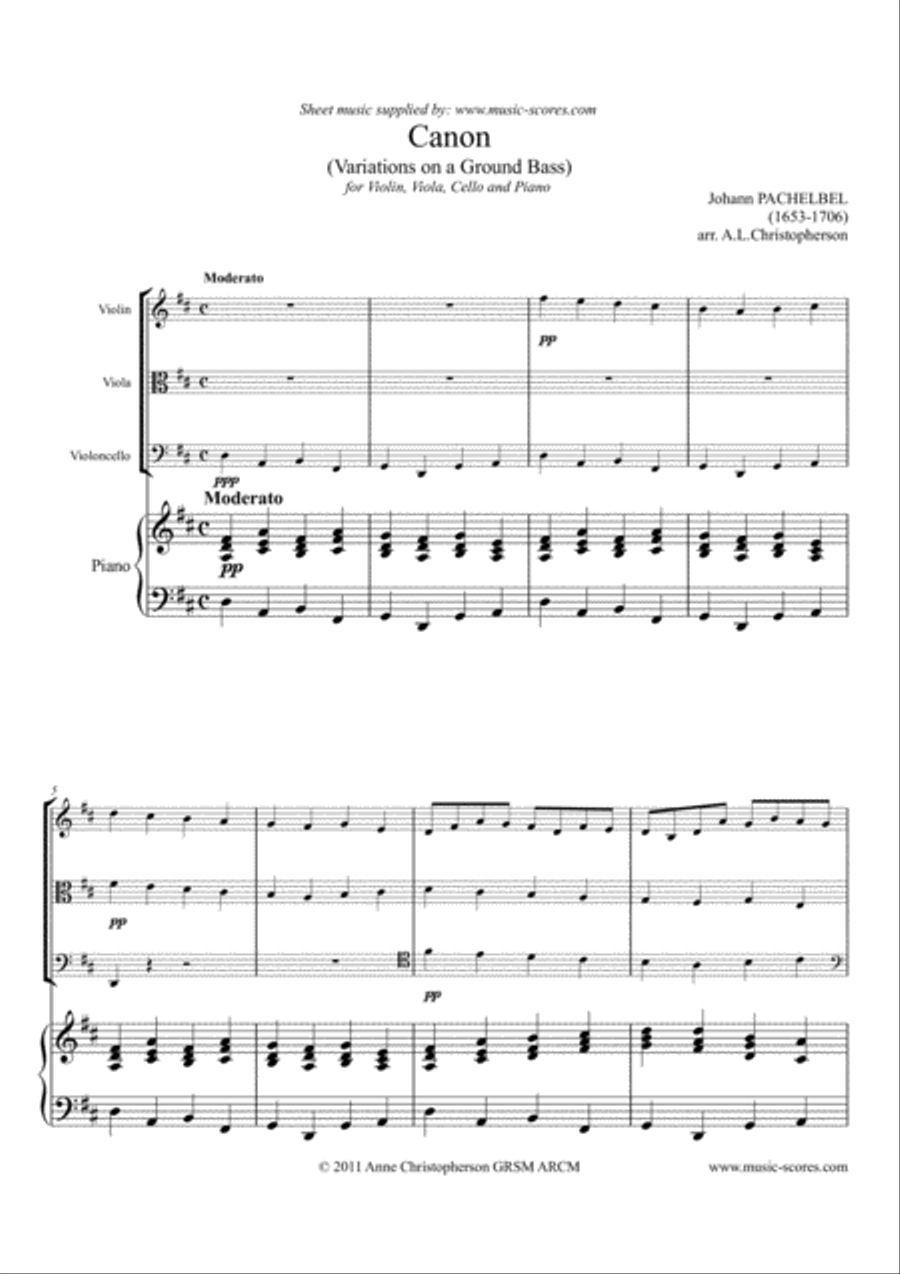 Pachelbel's Canon - String Trio and Piano Piano Quartet scores gallery preview page 1