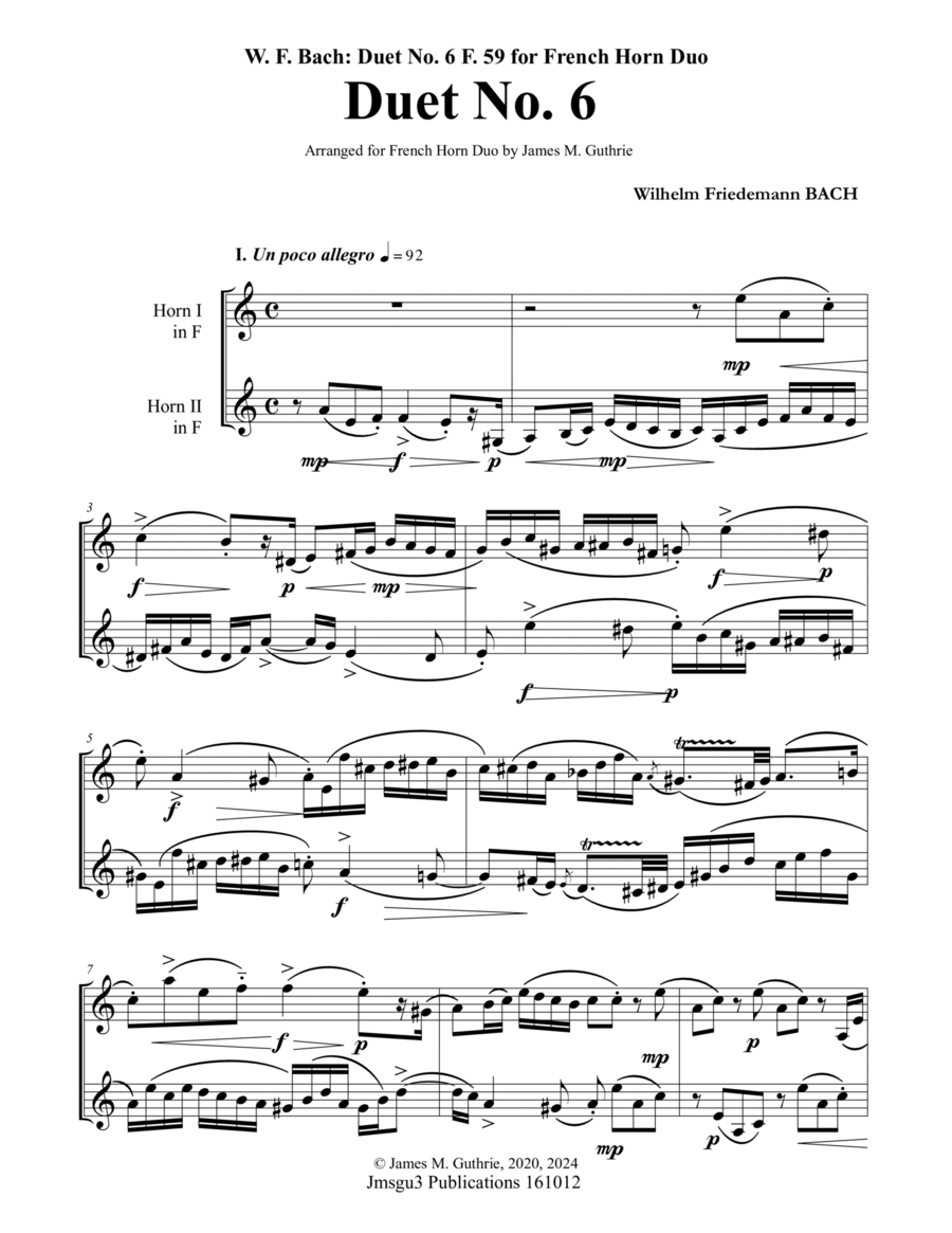 WF Bach: Duet No. 6 for French Horn Duo Brass Duet scores gallery preview page 1