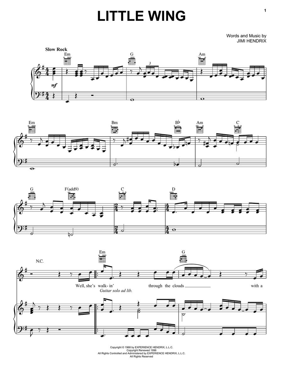 Little Wing Piano, Vocal, Guitar scores gallery preview page 1