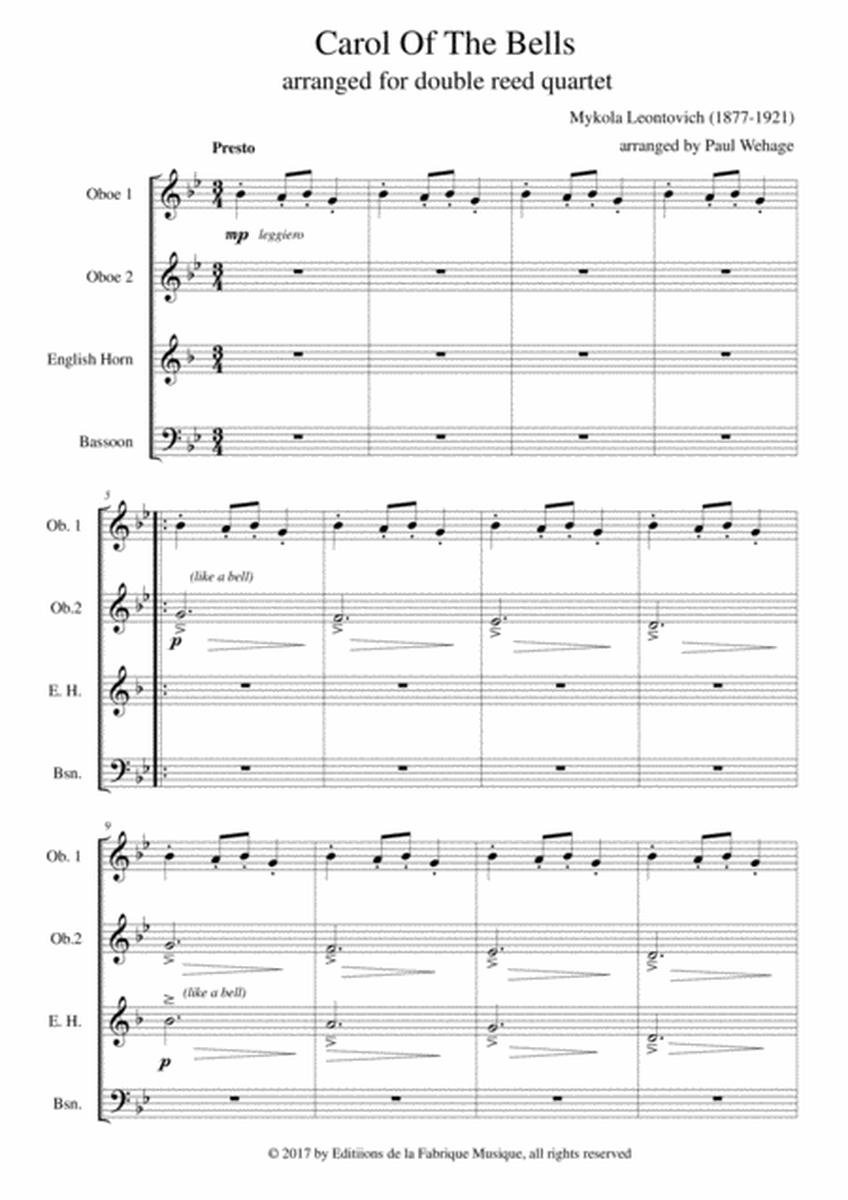 Mykola Leontovich : Carol of the Bells, arranged for two oboes, english horn and bassoon