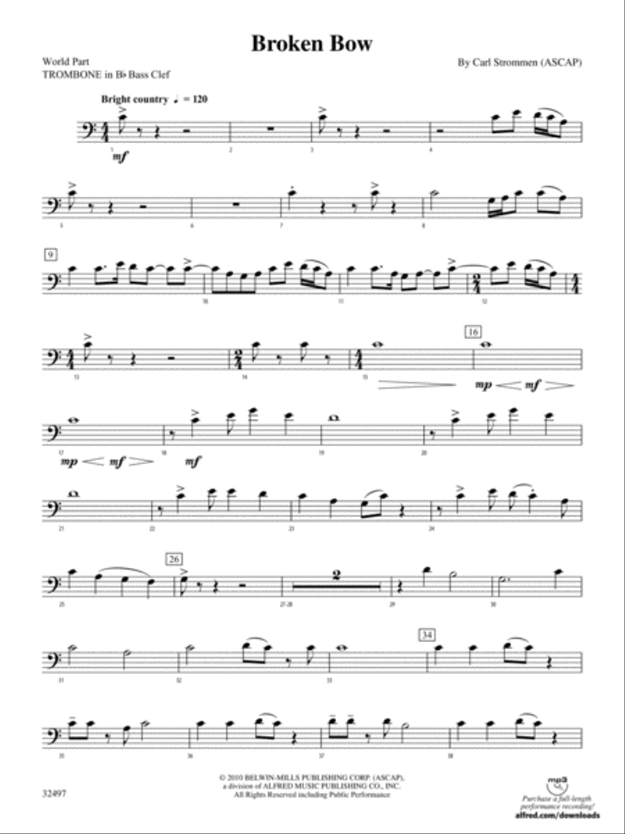 Broken Bow: (World Part) 1st B-flat Trombone B.C. Concert Band scores gallery preview page 1