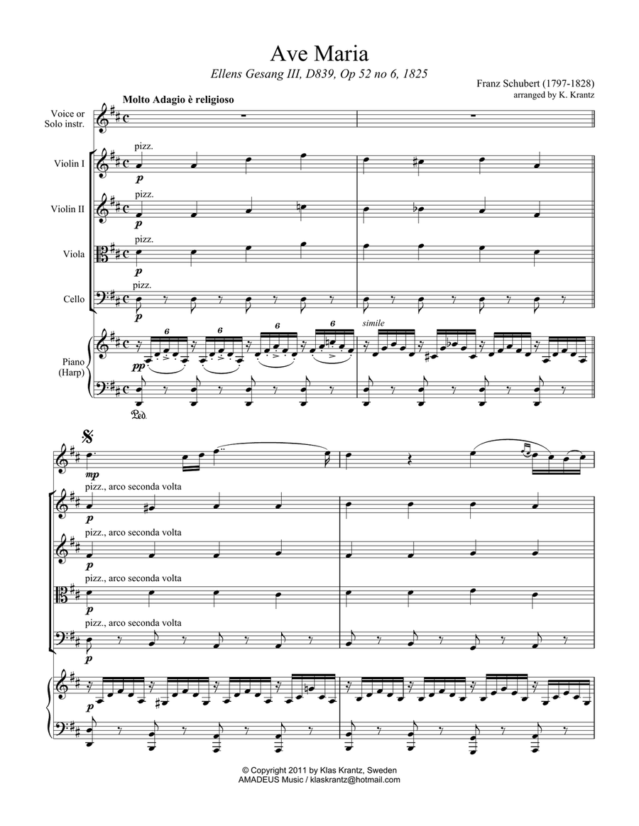 Ave Maria (Schubert) for chamber orchestra: voice, string quartet and piano (D Major) Chamber Orchestra scores gallery preview page 2