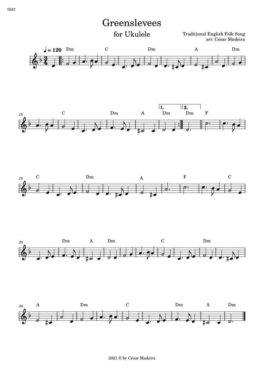 Greensleeves - Easy Ukulele - W/Chords (Full Score) image number null