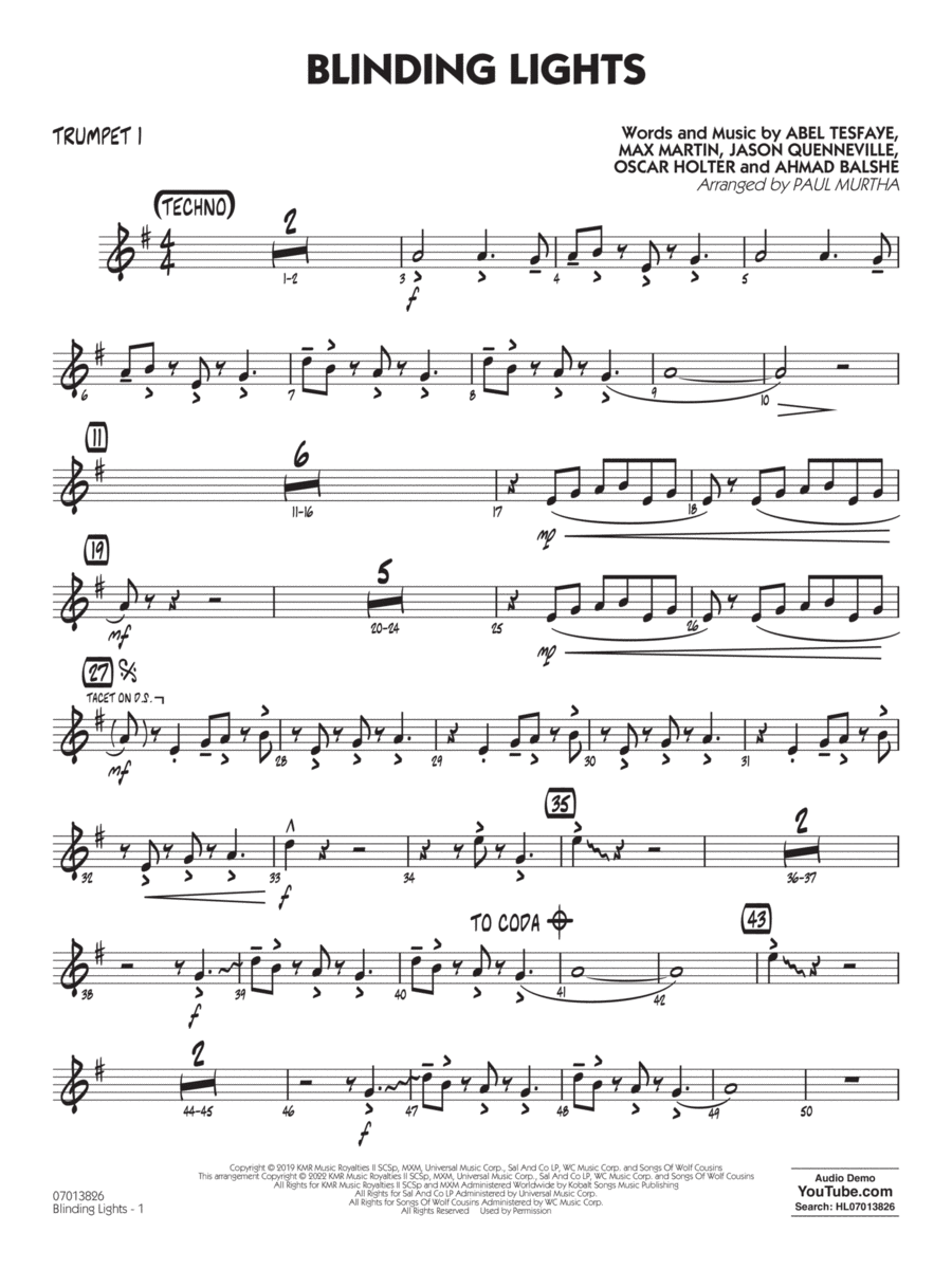 Blinding Lights (arr. Paul Murtha) - Trumpet 1 Jazz Ensemble scores gallery preview page 1