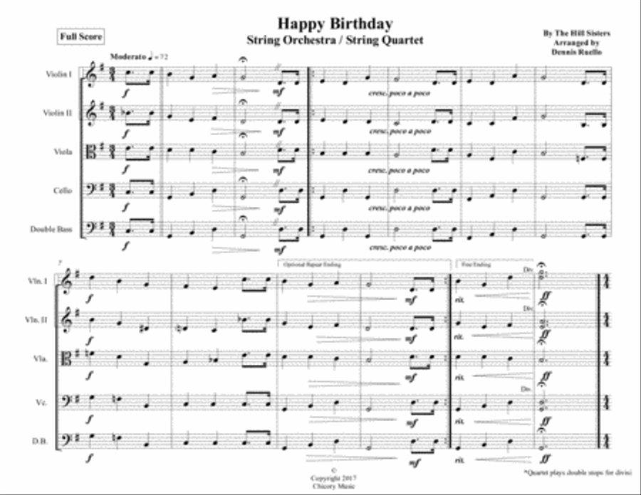 Happy Birthday / Auld Lang Syne - String Orchestra / String Quartet - Intermediate String Quartet scores gallery preview page 1
