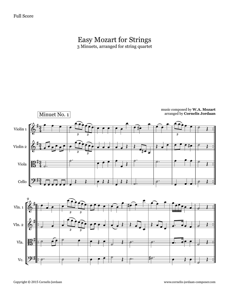 Easy Mozart for Strings - 3 Minuets, arranged for string quartet String Quartet scores gallery preview page 1
