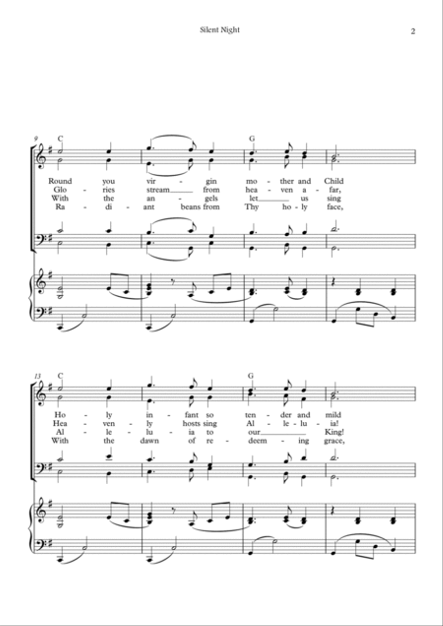 Silent Night (F major - SATB - with chords - with piano -two staff) 4-Part scores gallery preview page 2