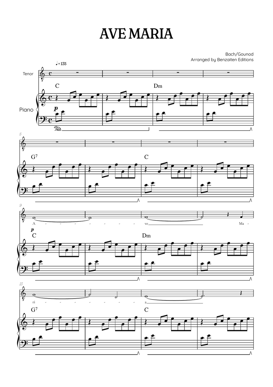 Bach / Gounod Ave Maria in C major • tenor sheet music with piano accompaniment and chords Tenor Voice scores gallery preview page 1