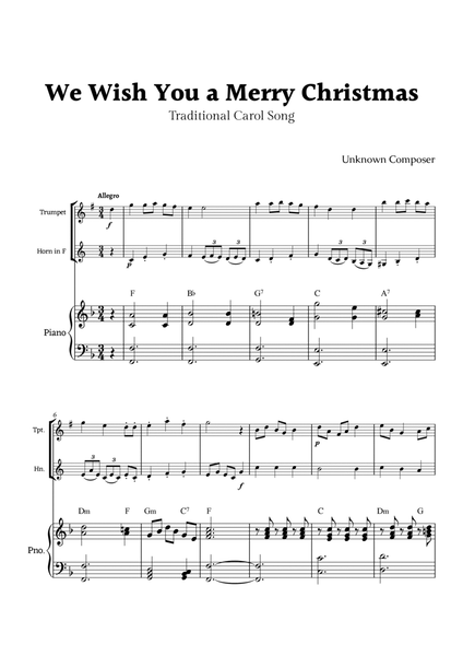 We Wish you a Merry Christmas for Trumpet and French Horn Duet with Piano image number null
