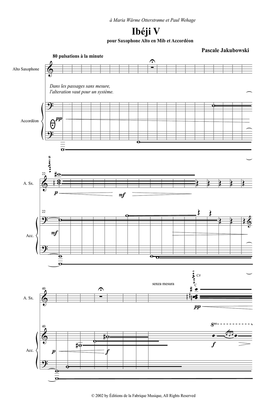 Pascale Jakubowski : Ibéji IV for alto saxophone and accordion Chamber Music scores gallery preview page 2
