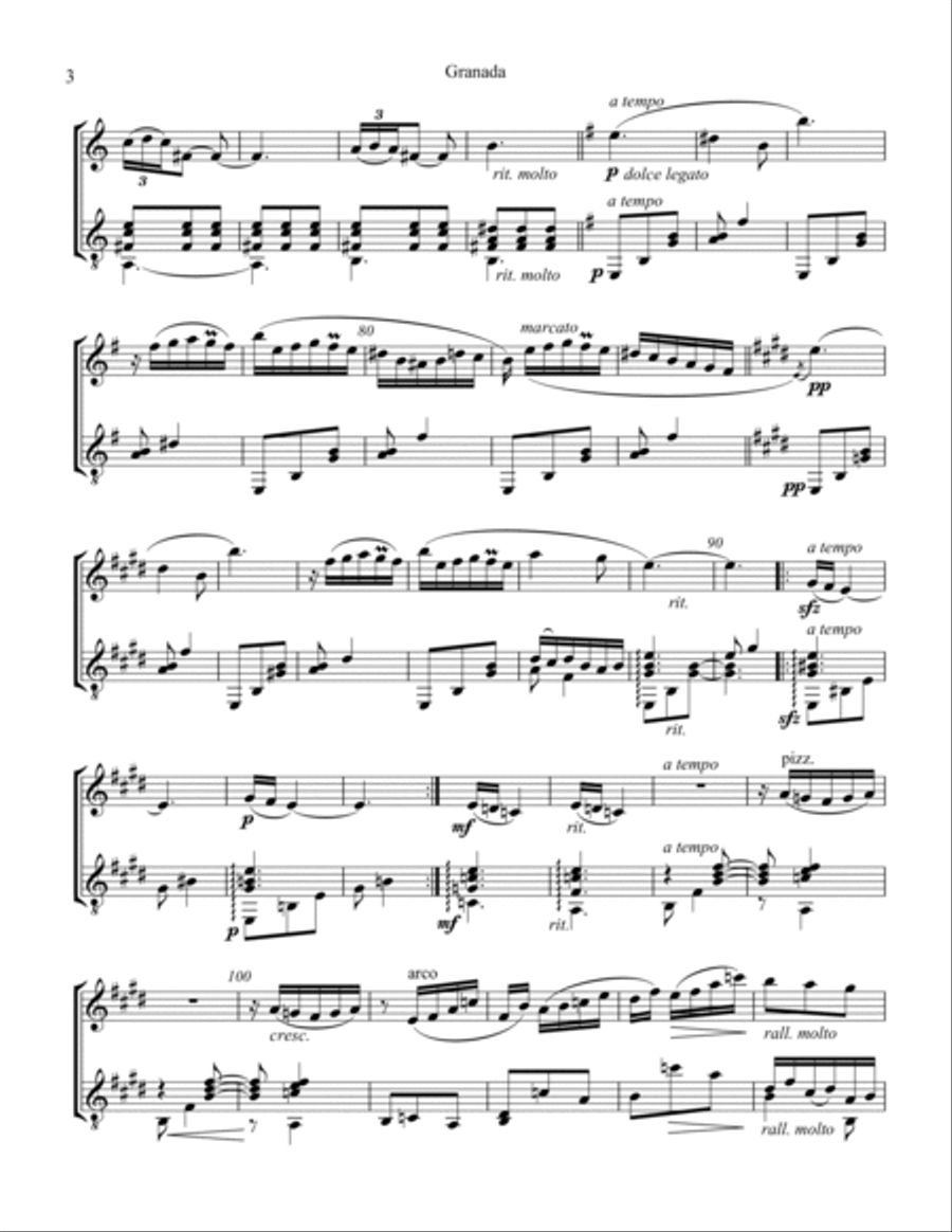 5 pieces by Albéniz for violin and guitar (Granada, Sevilla, Córdoba, Cadiz, Rumores de la Caleta) String Duet scores gallery preview page 4