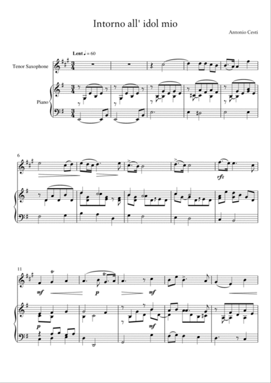 Antonio Cesti - Intorno all idol mio (Piano and Tenor Sax) Small Ensemble scores gallery preview page 2