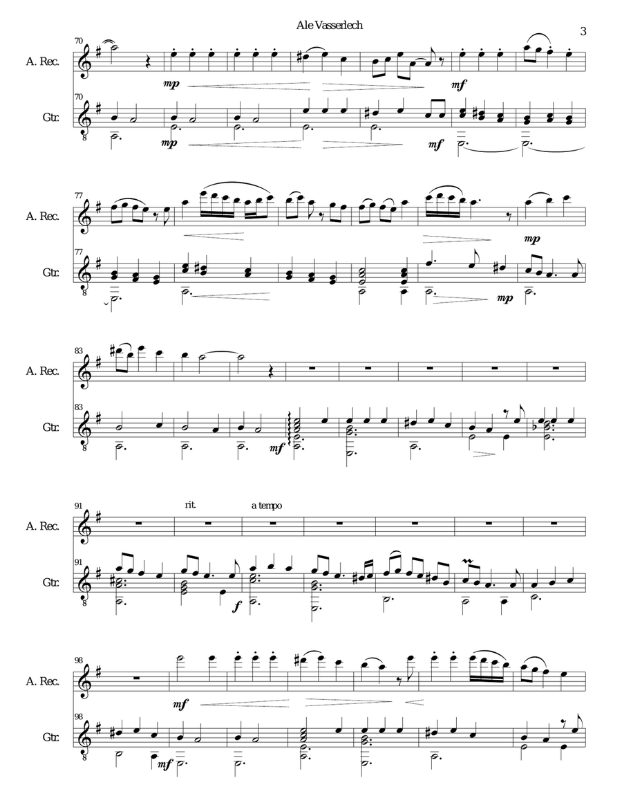 Ale vasserlech (All the waters flow away) for alto recorder and guitar Alto Recorder scores gallery preview page 3
