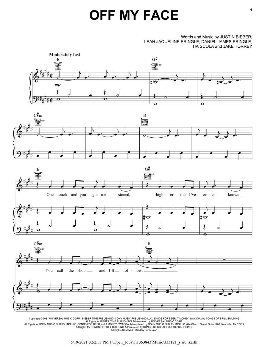 Off My Face Off My Face Piano, Vocal, Guitar scores gallery preview page 1