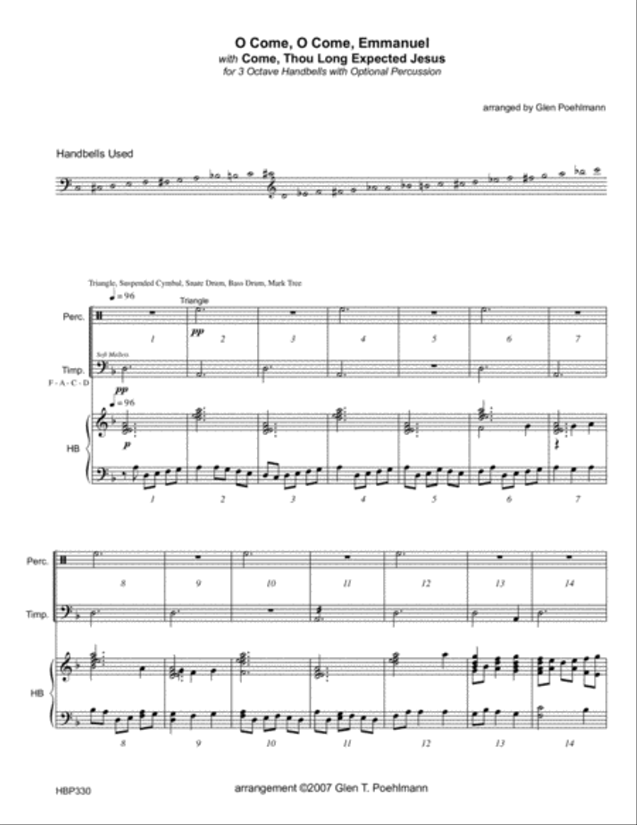 O COME O COME EMMANUEL/COME THOU LONG-EXPECTED JESUS - 3 octave HANDBELLS Percussion Ensemble scores gallery preview page 1