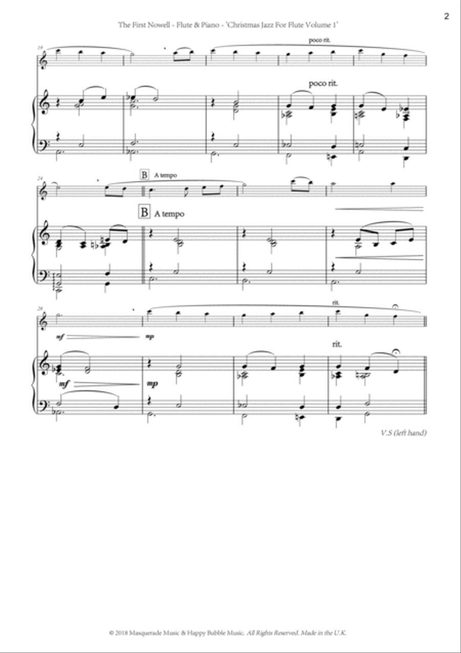 The First Nowell (The First Noel) ; a shmooshy jazz arrangement with original solo for Flute & Piano image number null