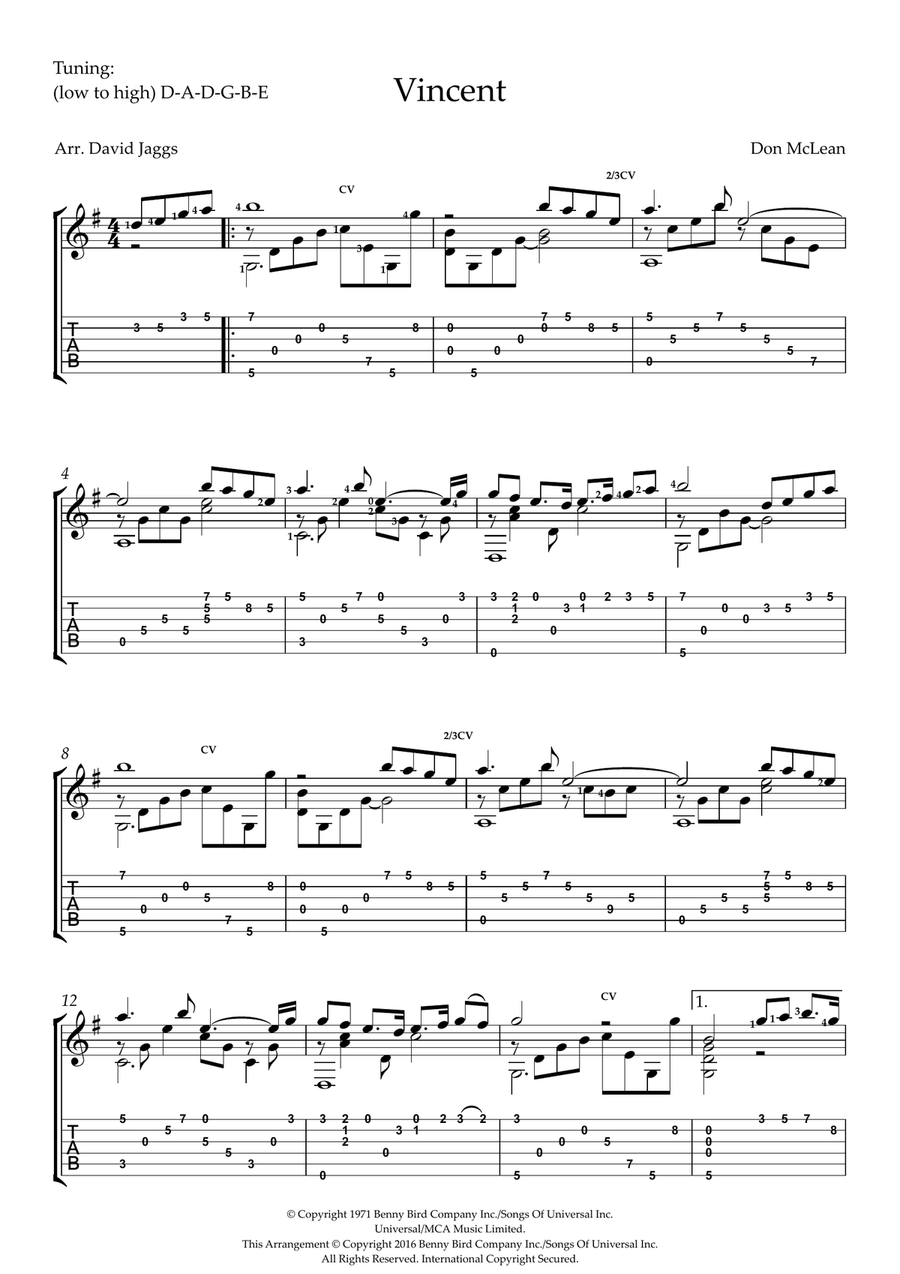 Vincent (starry Starry Night) by Don McLean Guitar Solo - Digital Sheet Music