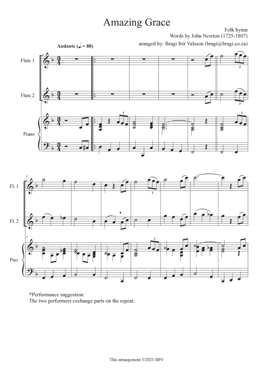 Amazing Grace - Duet for two flutes with piano accompaniment image number null
