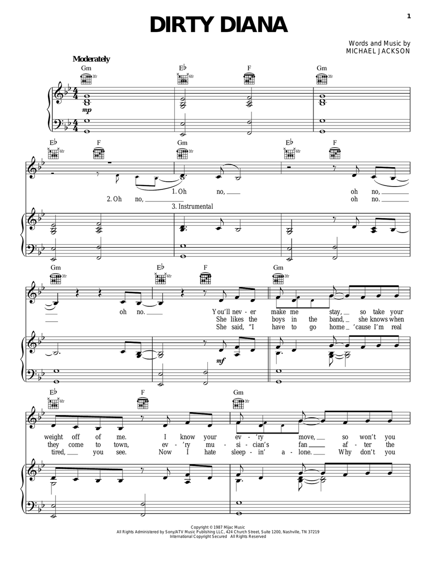 Dirty Diana Piano, Vocal, Guitar scores gallery preview page 1