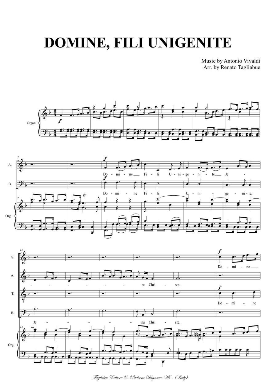 DOMINE FILI UNIGENITE - From "Gloria - RV 589 - Vivaldi" - Arr. for SATB Choir and Organ image number null