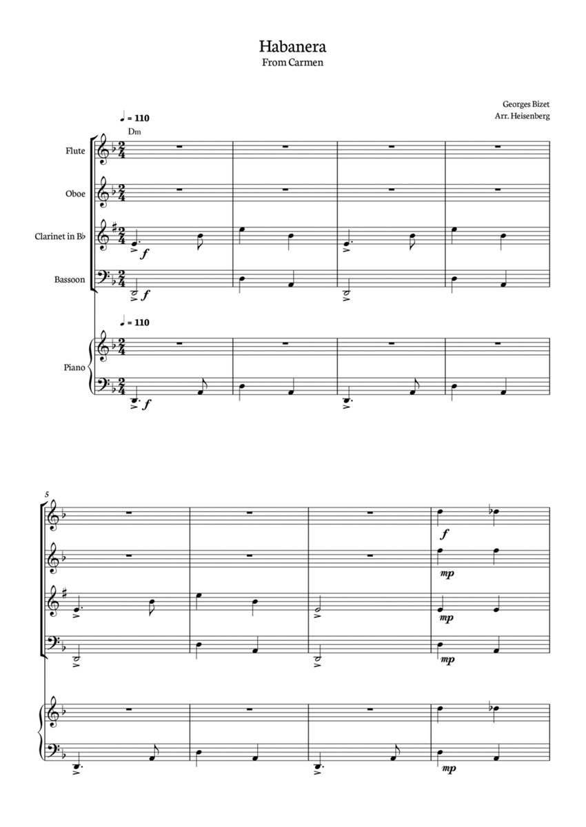 Habanera - Carmen - Georges Bizet, for Woodwind Quartet with piano and chords in a easy version. image number null