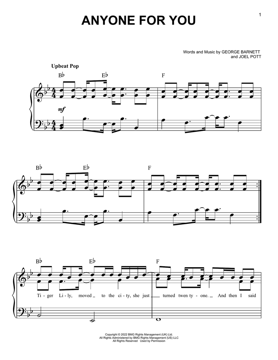 Anyone For You (Tiger Lily) Easy Piano scores gallery preview page 1