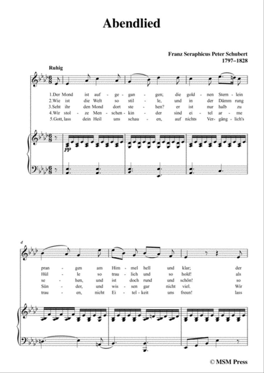 Schubert-Abendlied (Claudius),in A flat Major,for Voice and Piano Voice Solo scores gallery preview page 3