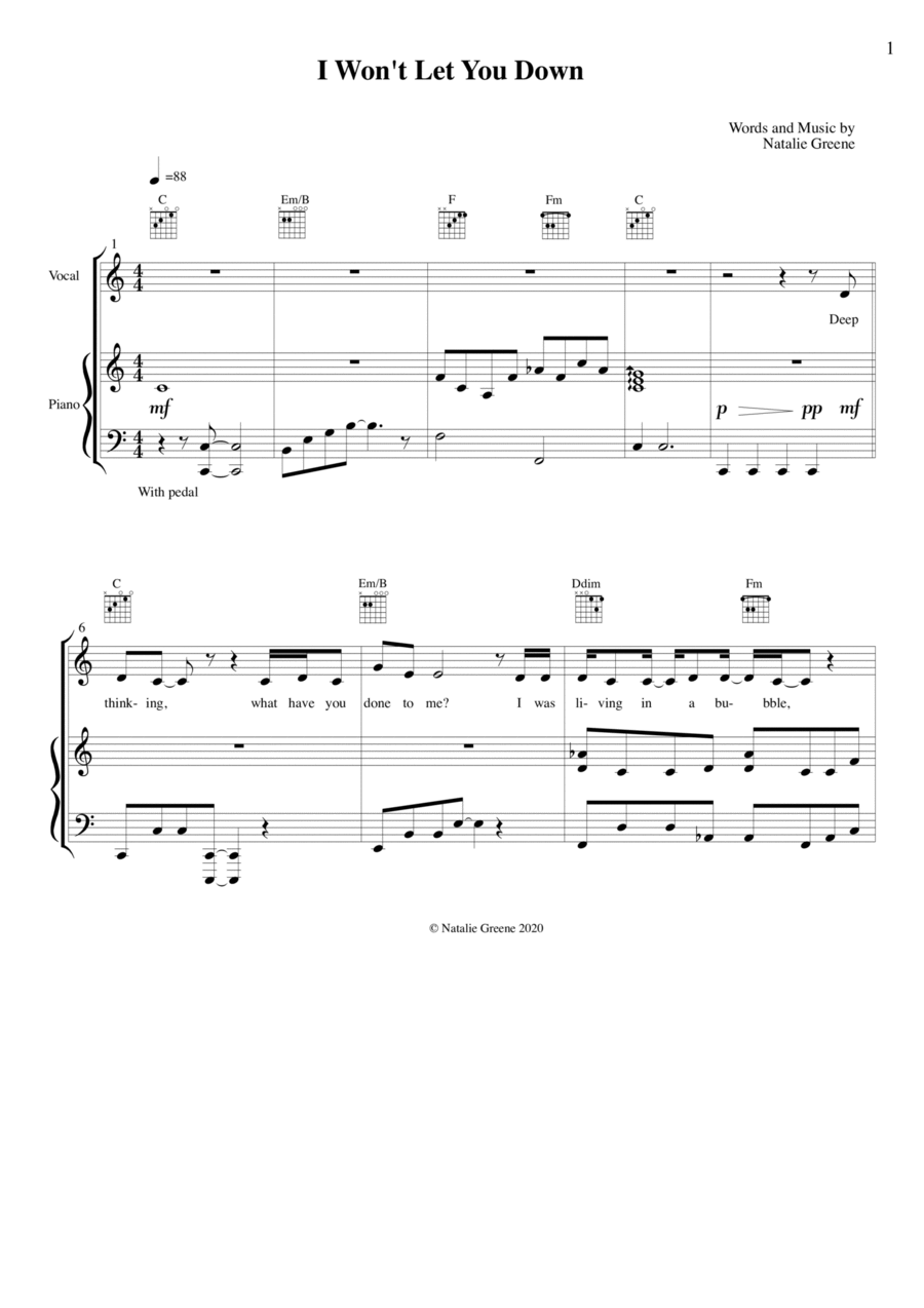 I Won't Let You Down - Vocal, Piano, Guitar (chords only) Small Ensemble scores gallery preview page 1