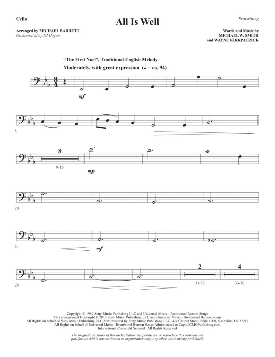 All Is Well (arr. Michael Barrett) - Cello Choir scores gallery preview page 1