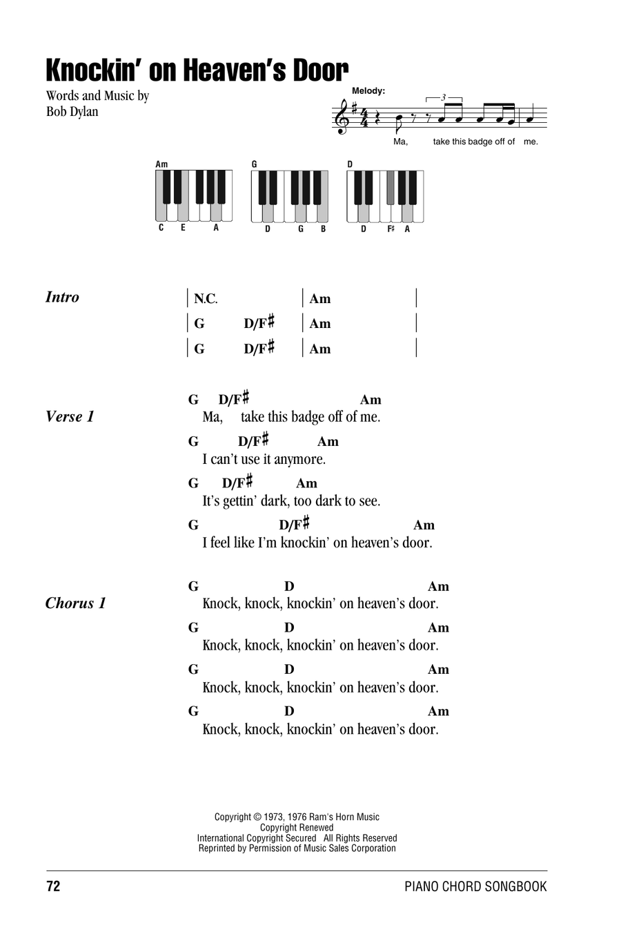 Knockin' On Heaven's Door Piano scores gallery preview page 1