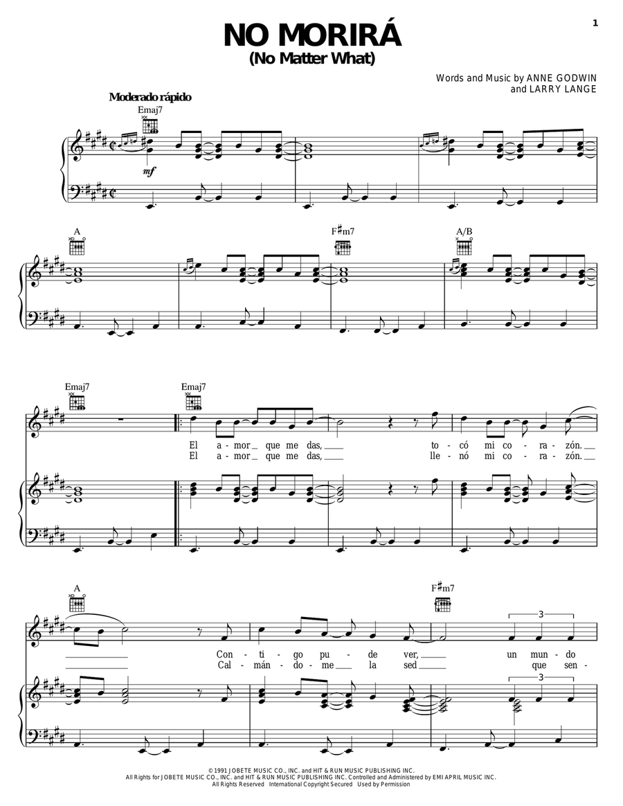 No Morira (No Matter What) Piano, Vocal, Guitar scores gallery preview page 1