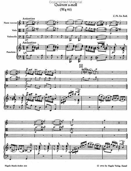 Quartett fur Flote (Violine), Viola, Violoncello und Klavier (Cembalo) a minor Wq 93
