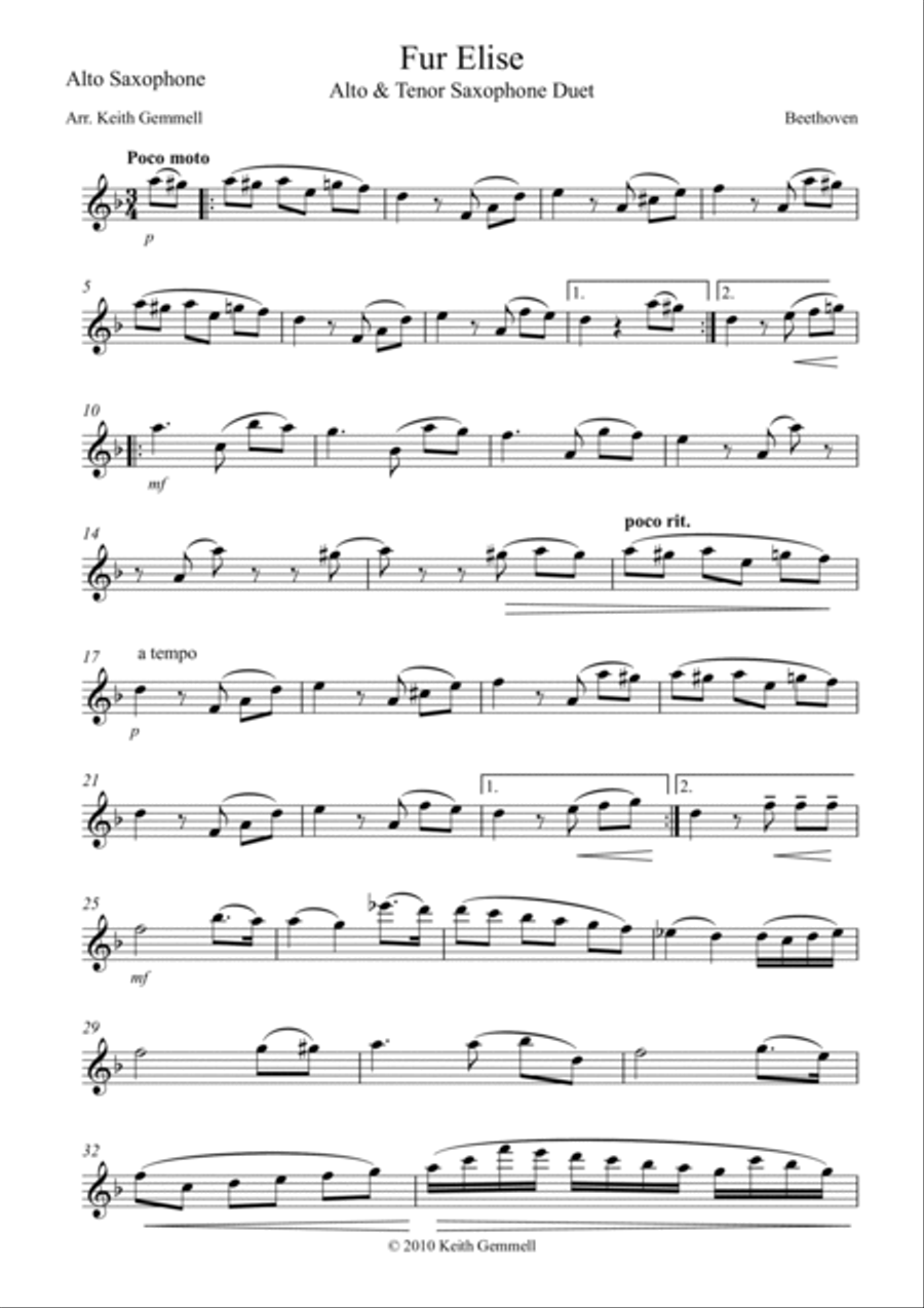 Fur Elise - Saxophone Duet (2 Altos or 2 Tenors) Woodwind Duet scores gallery preview page 3